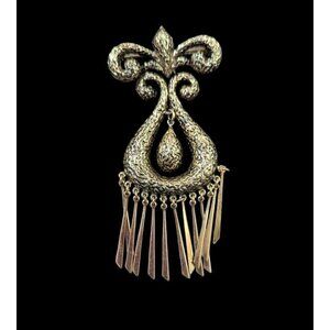Vintage Gold-Tone Fleur de‎ Lis Brooch With Dangling Tassels articulated Estate